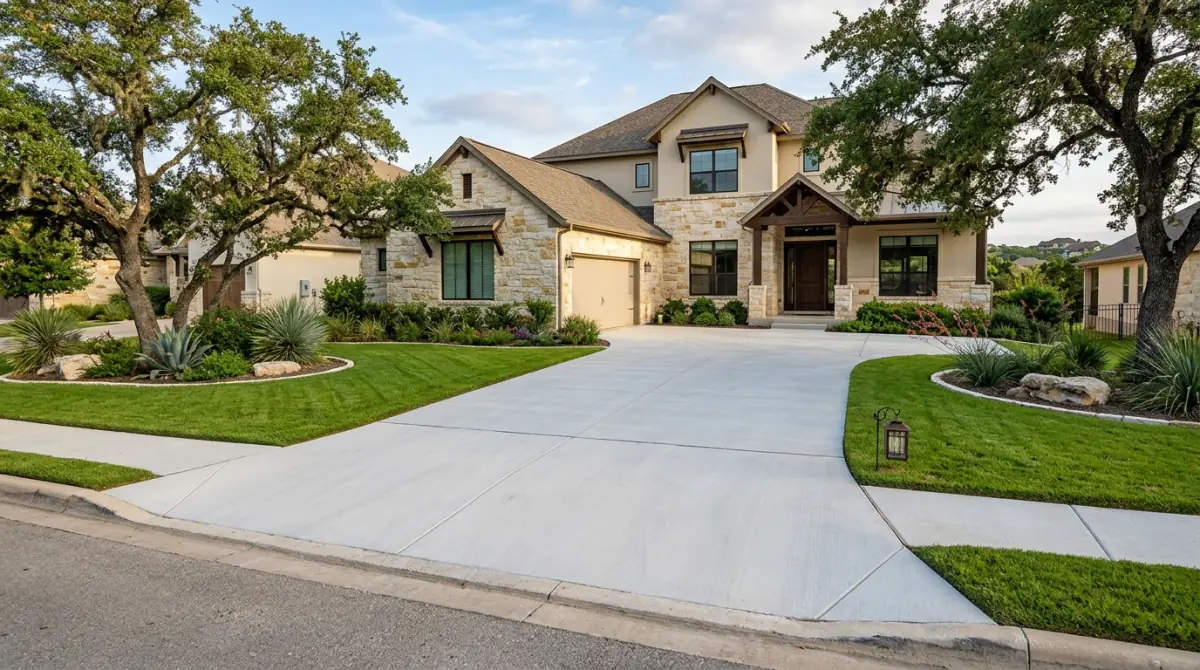 A wide light gray concrete driveway curving up to a two story stone house