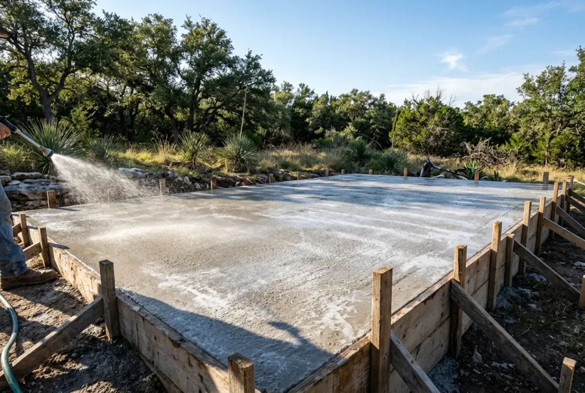 A worker sprays water on a freshly poured concrete slab inside wood forms